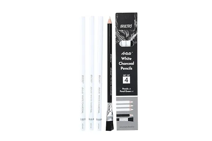 BRUSTRO Artists White Charcoal Pencil Set | 5mm, Set of 3 + 1 Pencil Eraserc