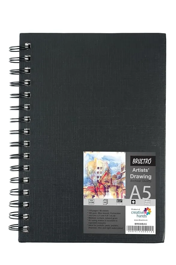 Brustro Artists' Sketch Book Wiro Bound, Size A5 (5.8x8.3 inches), 160 GSM, 116 Pages (Acid Free) | Ideal for Sketching,Shading,Drawing with Pencil,Charcoal,Graphite