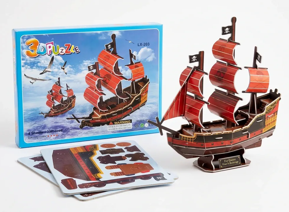 3D Pirate Ship Puzzle, 33 Pieces, Multi-Coloured Cardboard Educational Assembly, Architecture Theme, DIY Building Model for Kids and Teens