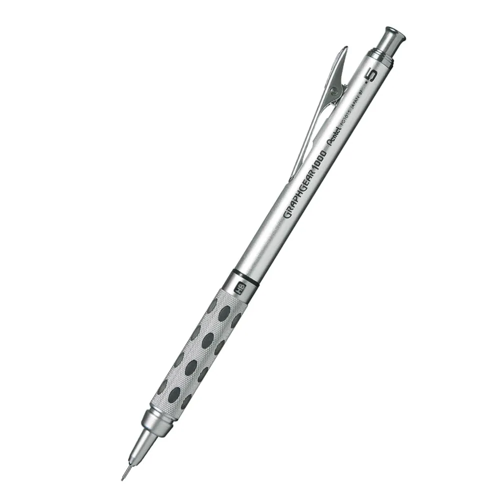 Pentel GraphGear 1000 0.5 Mm Mechanical Drafting Pencil (PG1015) Metal Clip With Retractable Mechanism Dual Metal & Rubber Grip Pack Of 1 Silver & Black