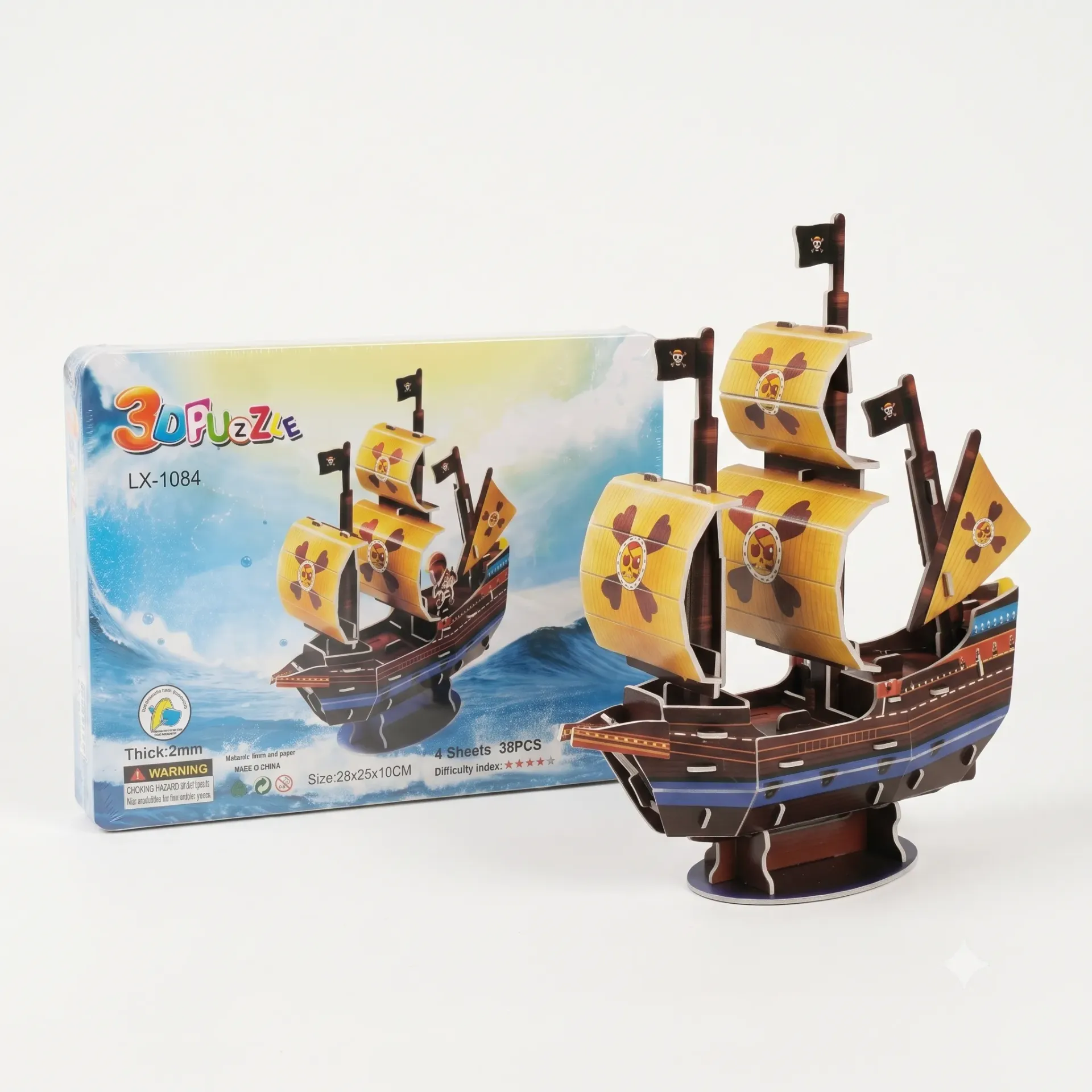 3D Pirate Ship Puzzle Model Kit – 38 Pieces / 4 Sheets, DIY Foam Board Vessel Building Set with Red Sails & Jolly Roger Flags, Desk Display Toy Gift for Kids & Beginners (LX-1084)
