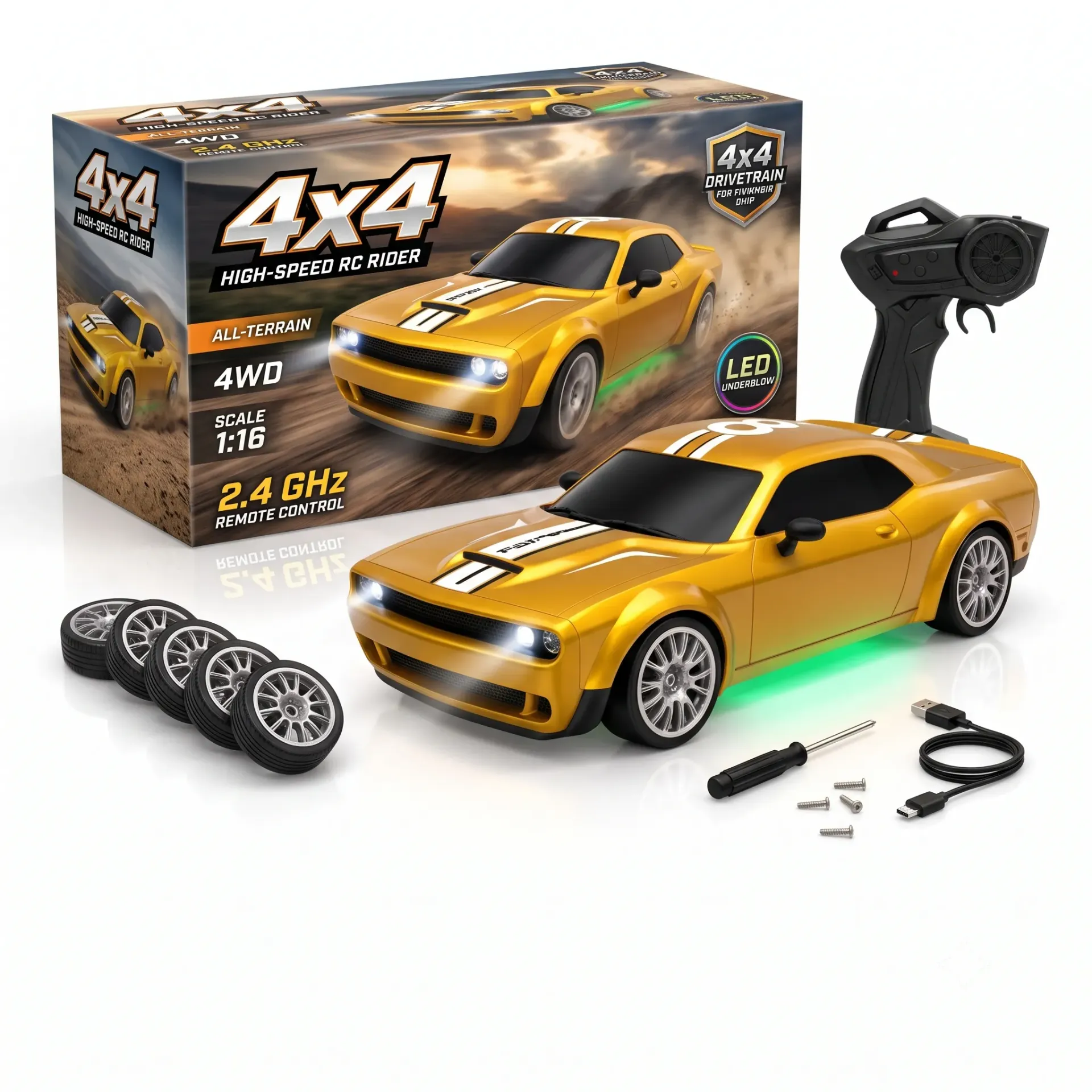 4x4 Tonefy Drift Car | 2.4GHz Remote Control | Rechargeable Racing Cars with LED Lights, Drift Tyres, Proportional Throttle & Steering, USB-C Charging | Indoor RC Stunt Toy, Golden yellow