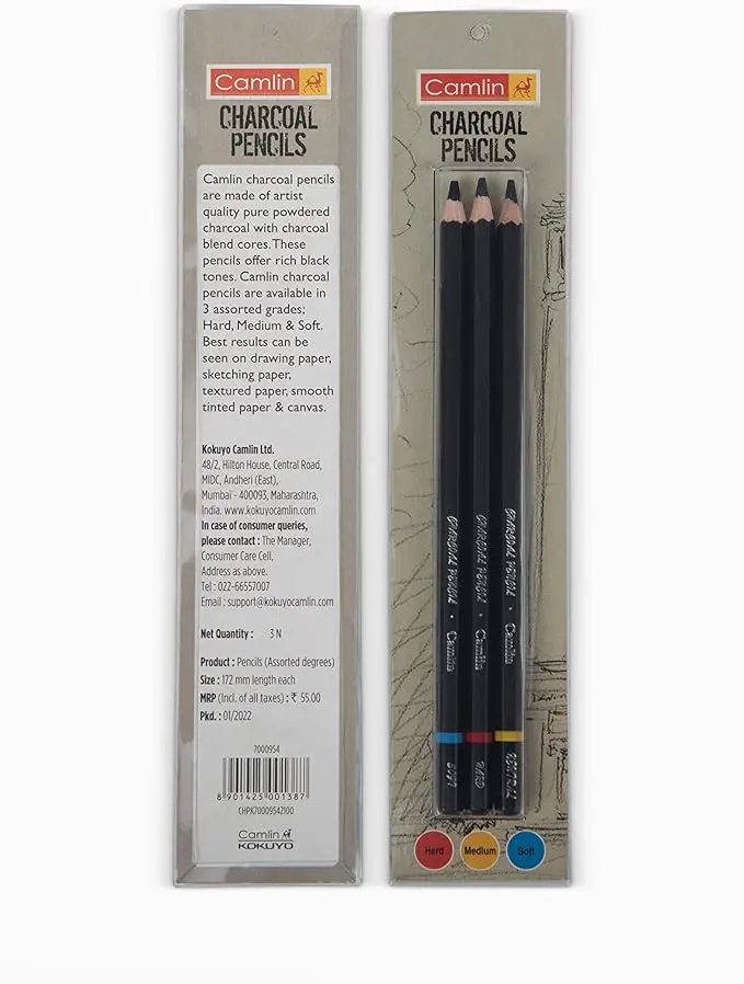 CAMEL Charcoal Pencil Set, Soft/Medium/Hard, Set of 3